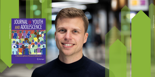 Poträt von Dr. Pascal Alscher neben dem Journalcover des Journal of Youth and Adolescence