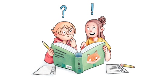 Zwei gezeichnete Kinder lesen gemeinsam in einem Buch.