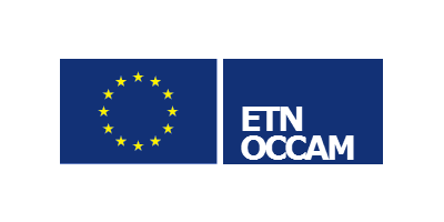 ETN OCCAM Europäische Flagge und dunkelblaue Kachel mit weißen Schriftzug des Projektnamens ETN OCCAM